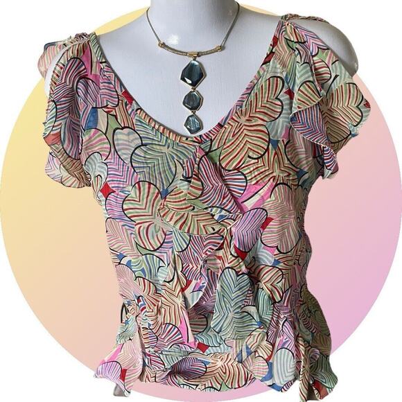 Marc Jacobs Womens Sz Small Silk Chiffon Backless Multicolor Short Sleeve Top - Picture 1 of 10